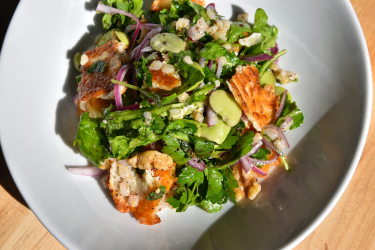 A Wheatberry-Fava Bean salad served on a white dish